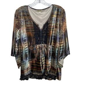 One World Women’s L Boho Velvet Knit Top Lace Trim Multicolor Tunic Blouse
